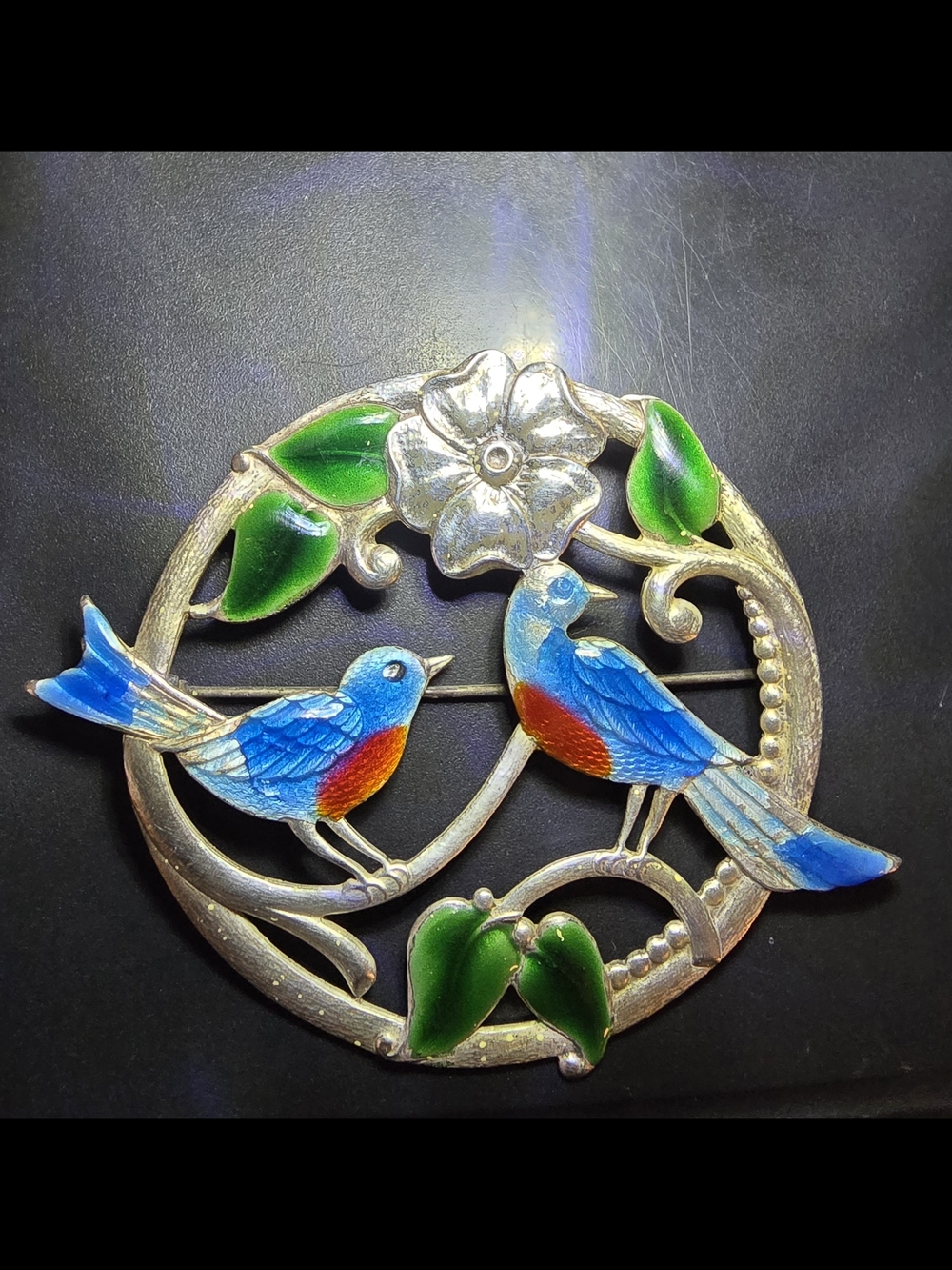 Vintage Enamel Blue Bird Floral Brooch - Truart Stearling Silver